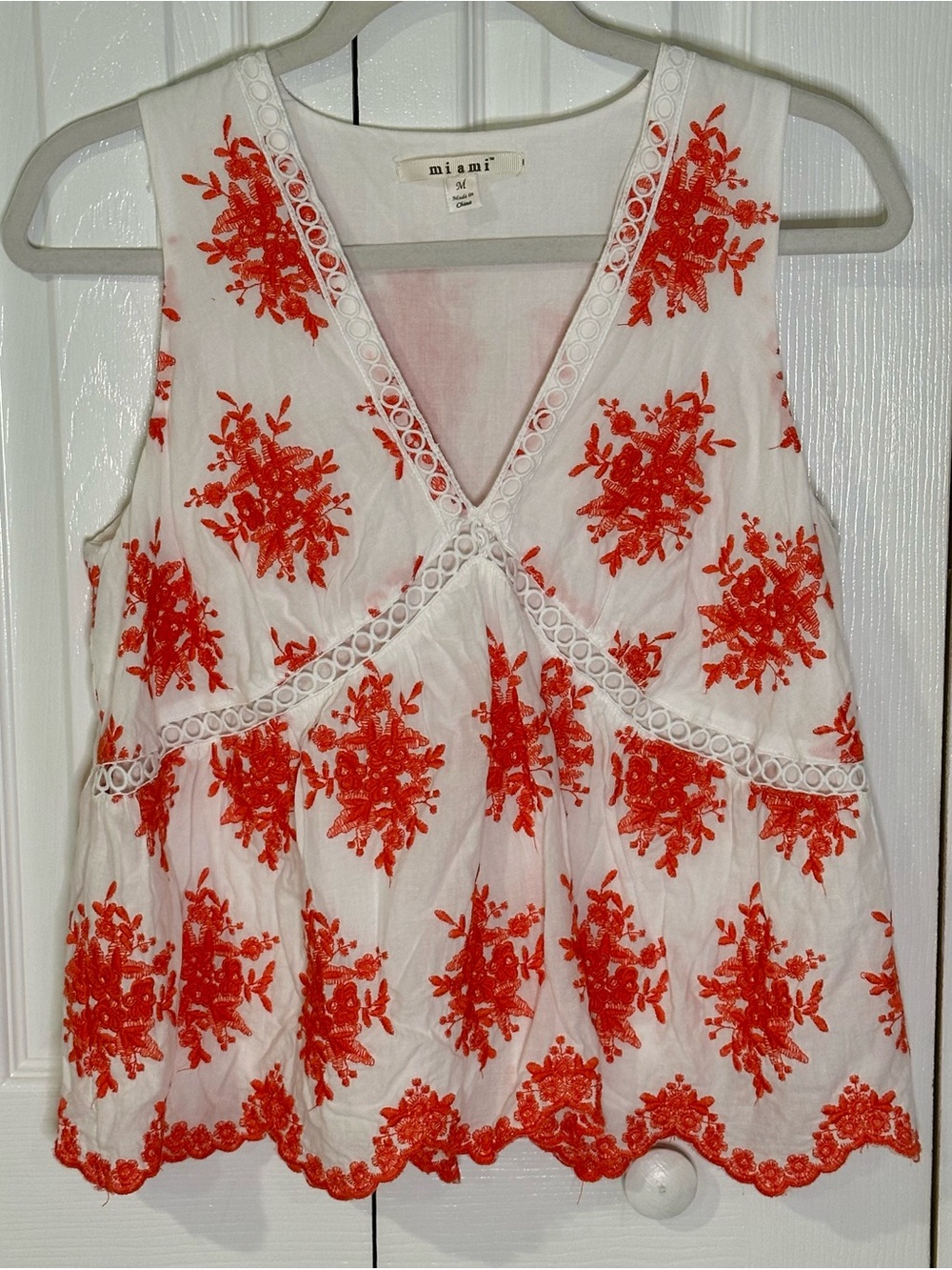 miami White & Red Floral Embroidery Top